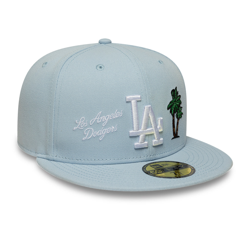 Lysblå New Era 59FIFTY fitted cap med Los Angeles Dodgers CITY ICON logo, klassisk baseballkappe med flat top og justerbar pasform