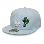 Lyseblå New Era 59FIFTY Fitted Cap med Los Angeles Dodgers CITY ICON-tryk, blødt stof og flat skygge.