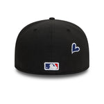 Sort New Era 59FIFTY fitted cap med Dodgers logo og hjerte ikon, sort og hvid farve, til baseballfans.