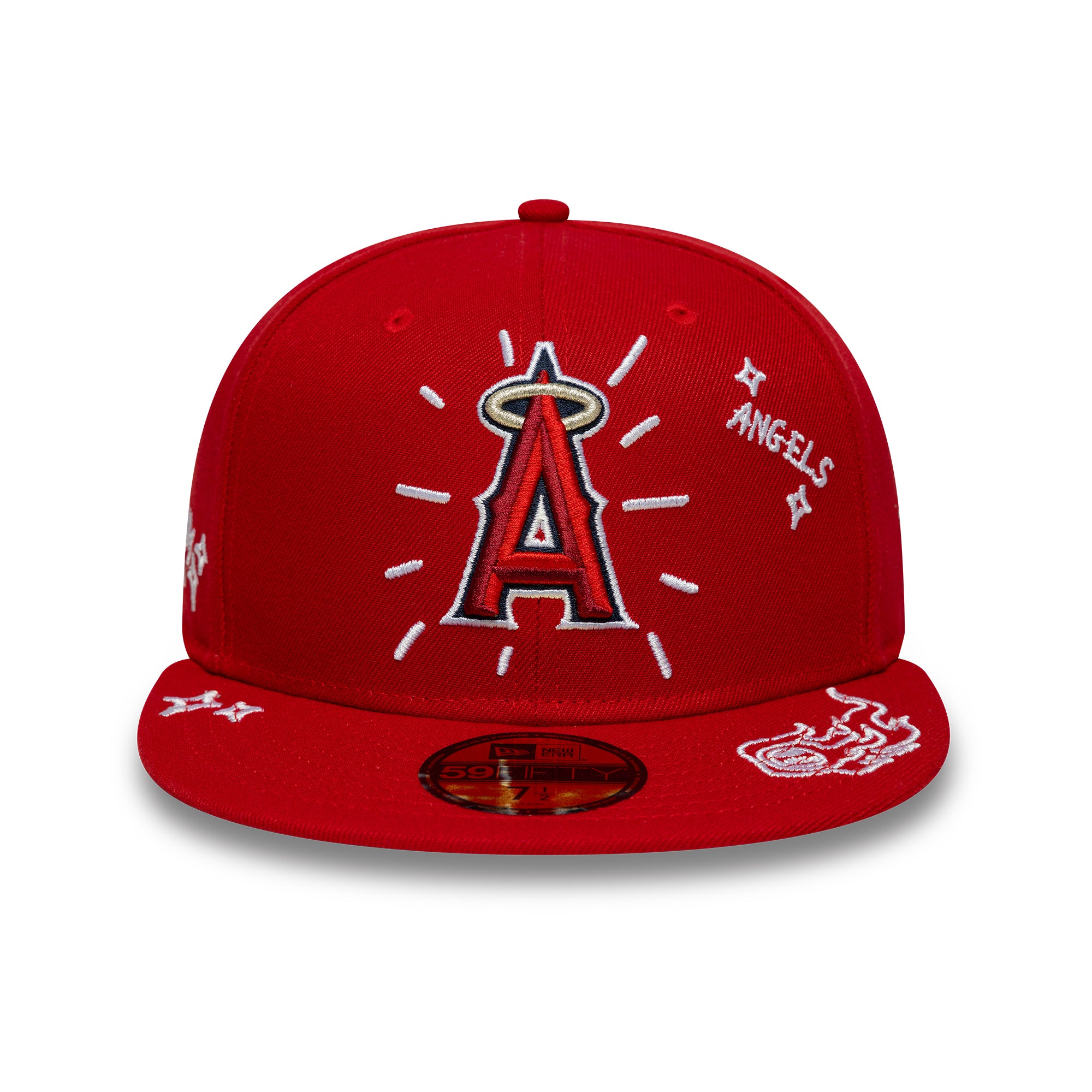 Rød New Era 59FIFTY fitted Anaheim Angels cap med skriblemønster, vises foran på billedet.