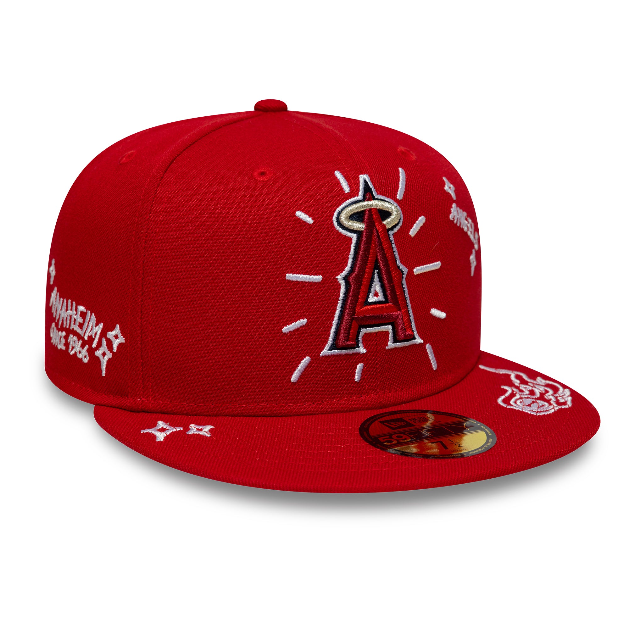 Rød New Era 59FIFTY fitted kasket med Anaheim Angels SCRIBBLE logo, afslappet og stilfuld design.