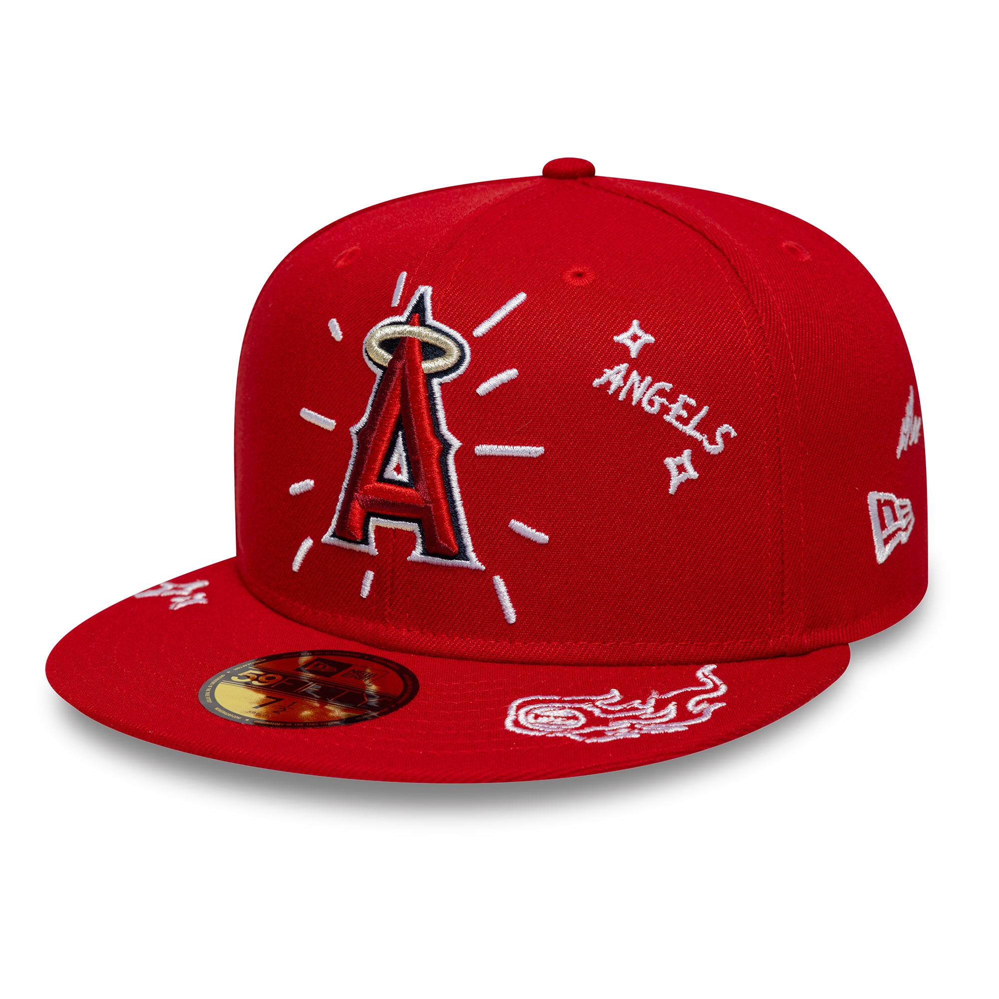 Rød New Era 59FIFTY fitted cap med Anaheim Angels SCRIBBLE logo, justeret pasform, sporty og stilfuld baseballkasket.
