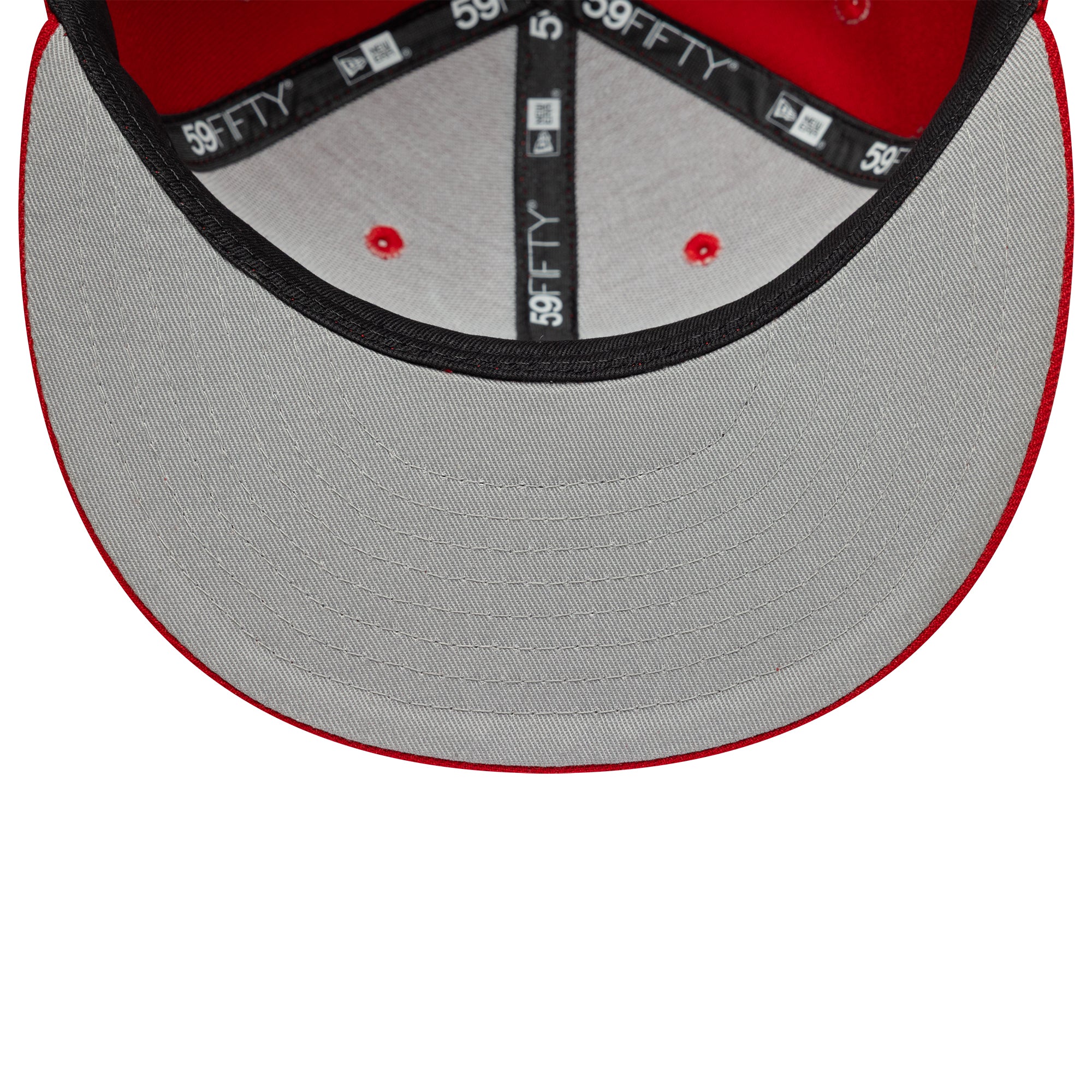 Rød New Era 59FIFTY fitted Anaheim Angels cap med scribble-udskrift, vises med logo og detaljer i billedet