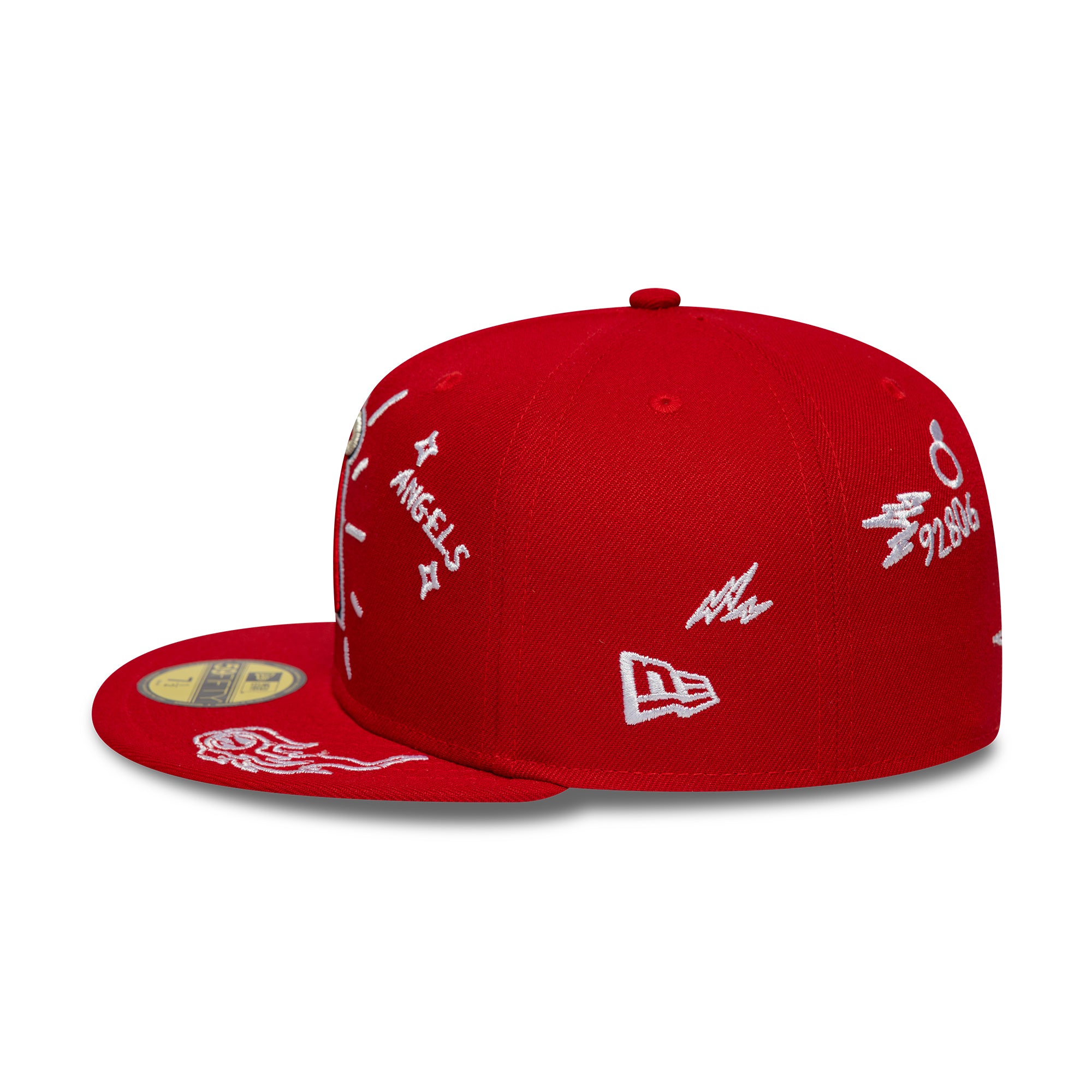 Rød New Era 59FIFTY fitted baseballkasket med Anaheim Angels SCRIBBLE design, rund form, og flat top.