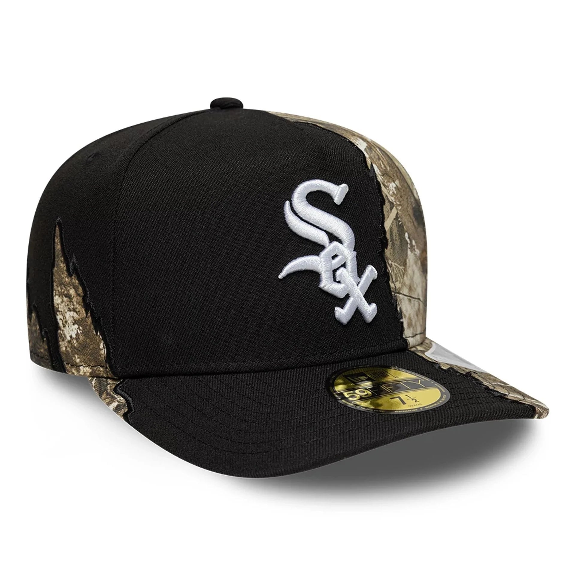 Sort New Era 59FIFTY A-Frame Chicago White Sox caps med Split Real Tree camo mønster, justeret pasform og logo på fronten.