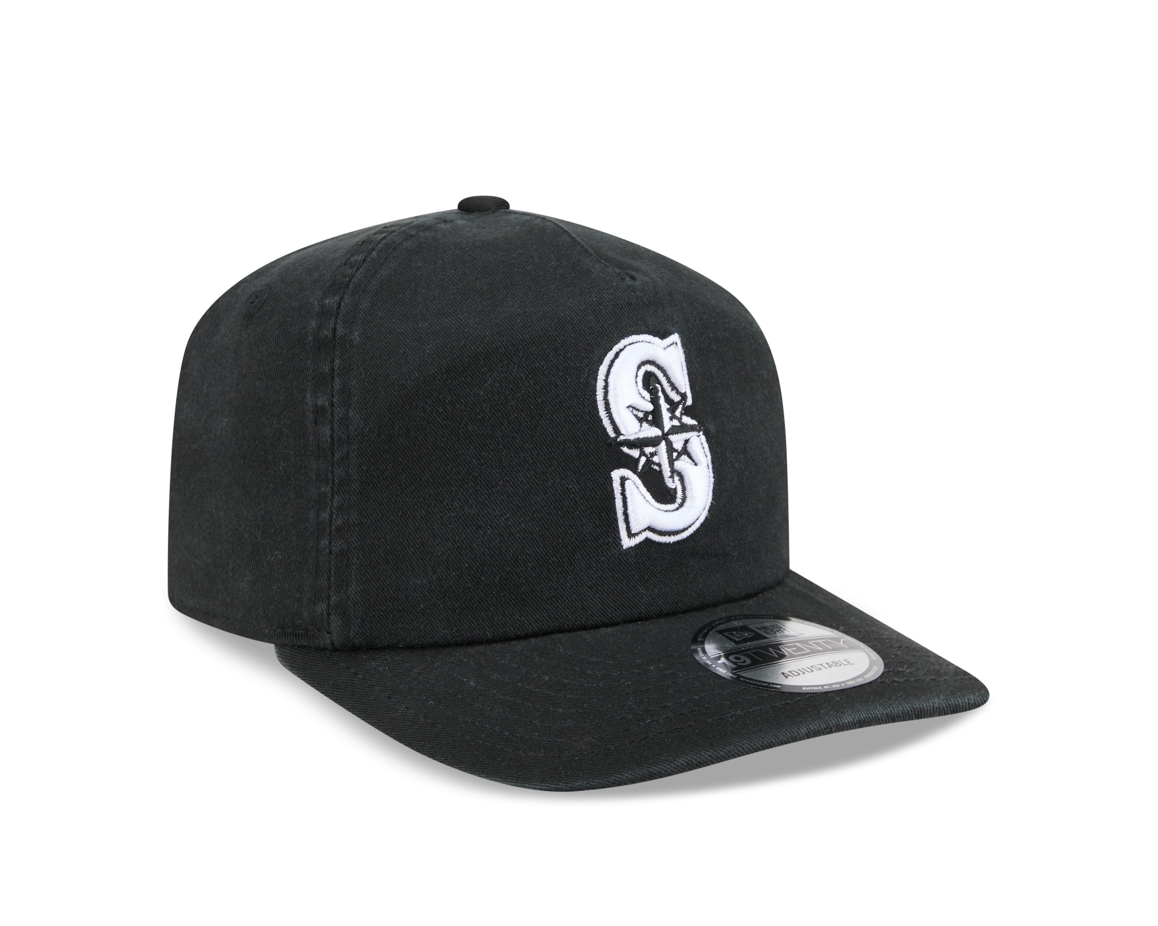 Sort New Era 19TWENTY Seattle Mariners kasket med grøn og hvid logo, klassisk design og komfortabel pasform