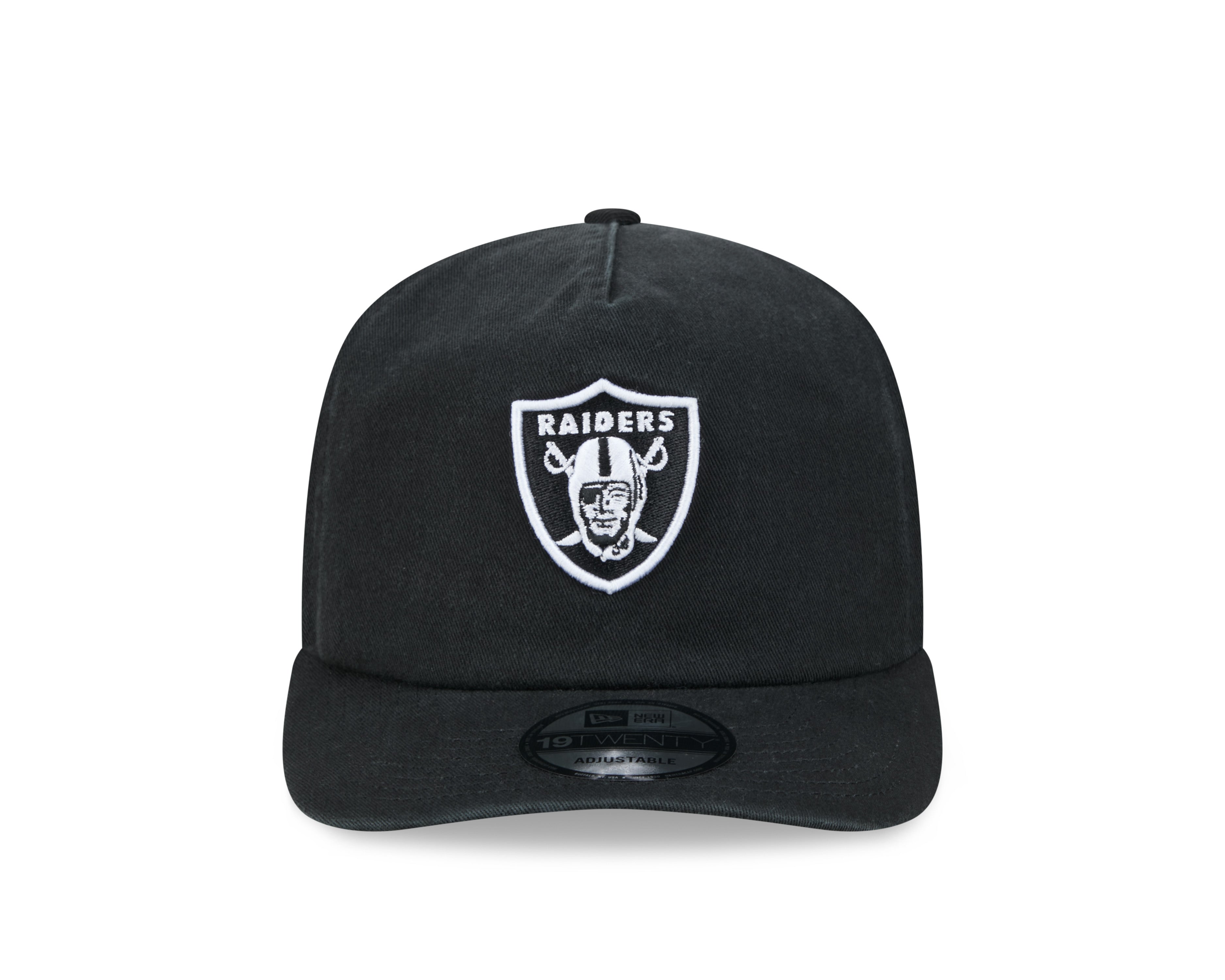 Sort New Era 19TWENTY cap med Las Vegas Raiders logo, blød bomulds- og polyestermateriale, justerbar kasket.