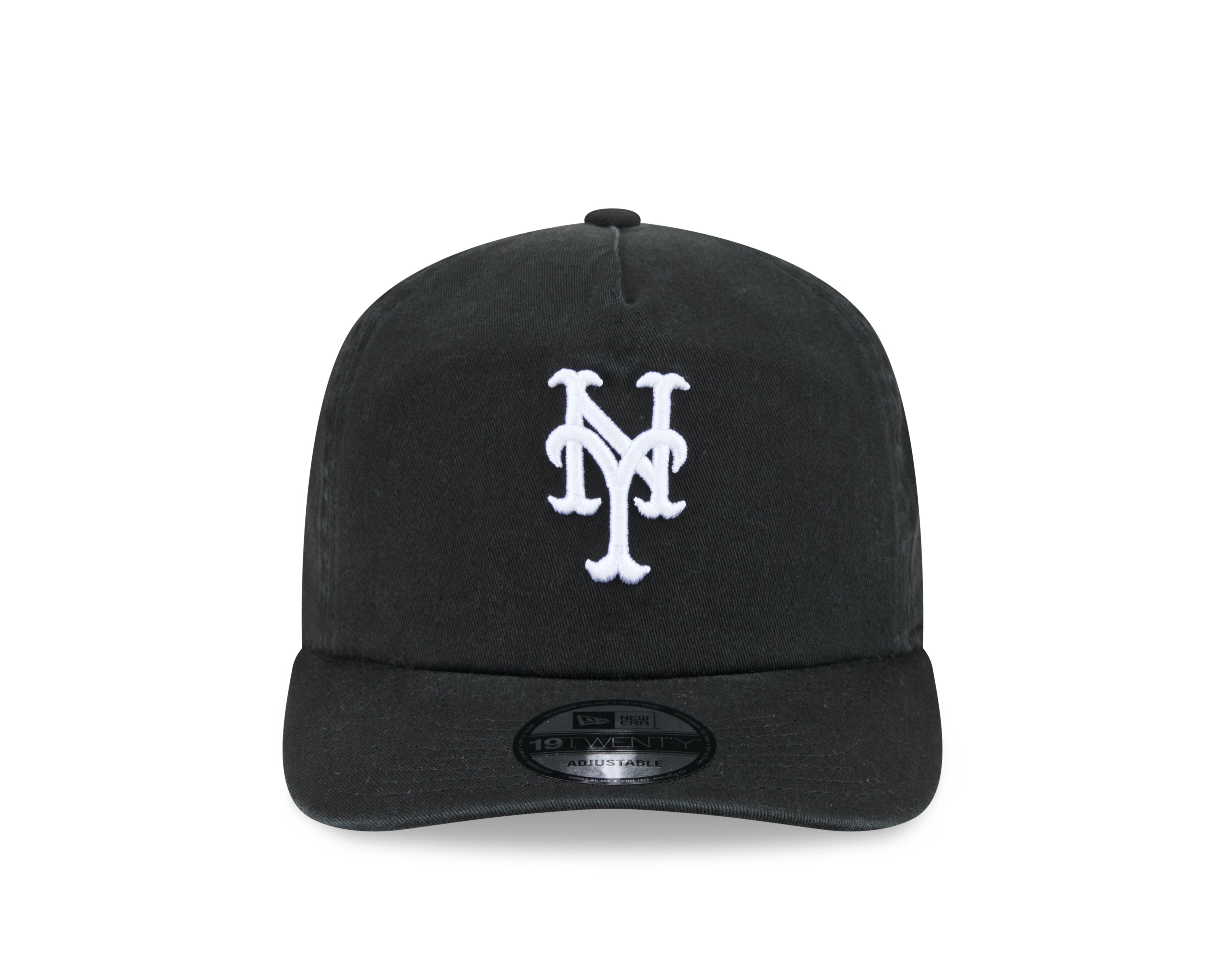 Sort New Era 19TWENTY New York Mets kasket med fladt bryst og logo, lavet af bomuld.