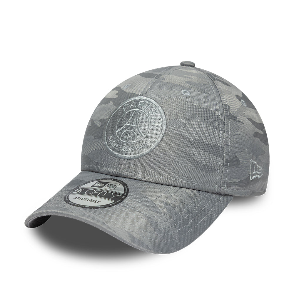 Grå New Era 9FORTY PSG cap med tonalt camo-mønster og justerbar rem foran.