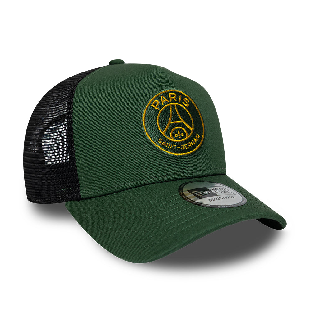 Mørkegrøn New Era PSG sæsonbestemt E-Frame trucker cap med justerbar rem og mesh paneler.
