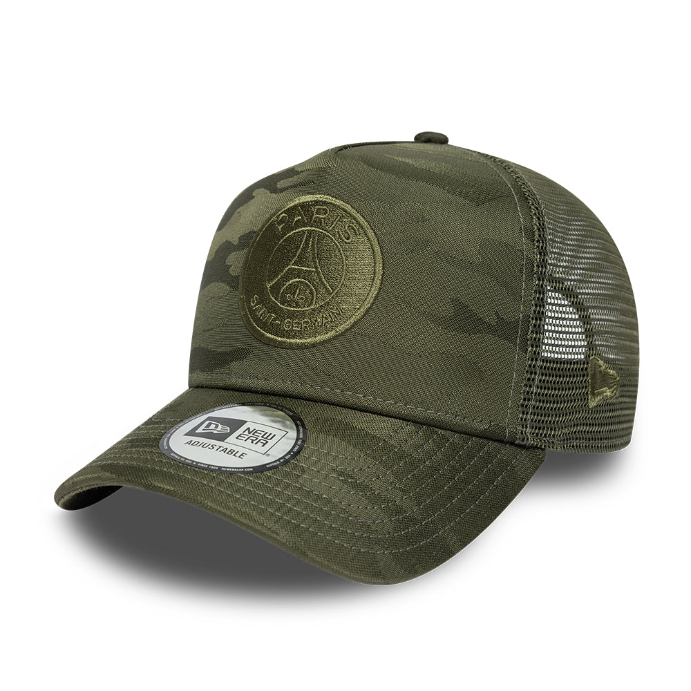 New Era tonet camo E-Frame trucker cap med PSG-logo i olivengrøn, slidstærkt stof og justerbar nakkebånd.
