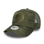 New Era tonet camo E-Frame trucker cap med PSG-logo i olivengrøn, slidstærkt stof og justerbar nakkebånd.