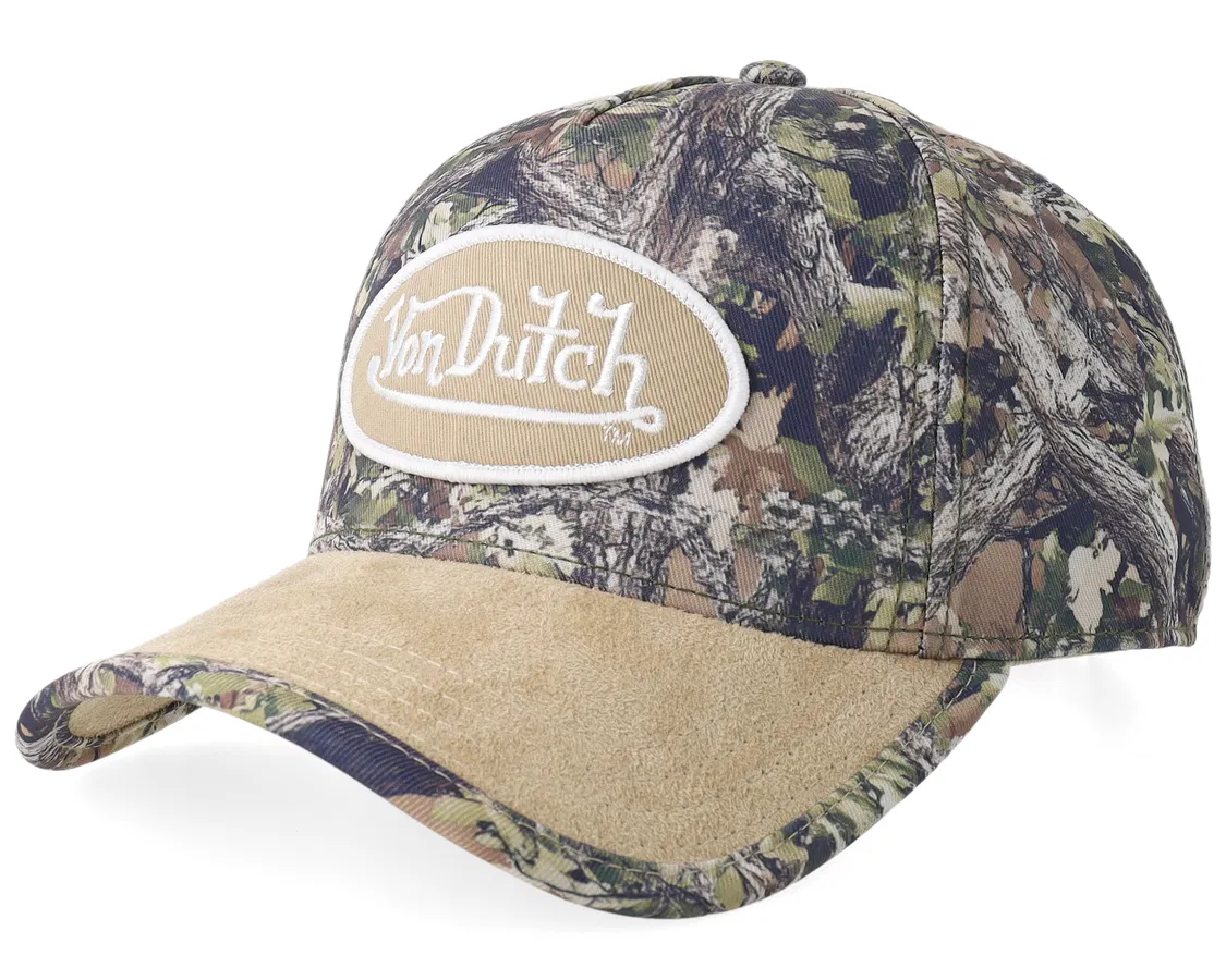 Von Dutch A-Frame kasket med beige kamouflage, oval patch og logo, afslappet og stilfuldt hattedesign.