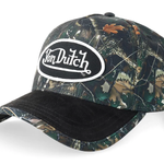 Sort Von Dutch A-Frame kasket med oval patch og kamuflagespænd, afslappet og stilfuldt tilbehør til hver dag.