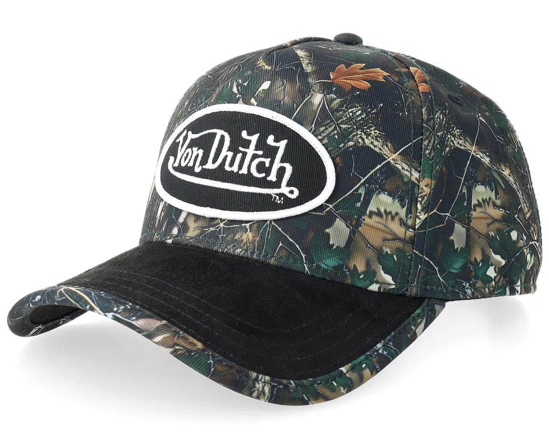 Sort Von Dutch A-Frame kasket med oval patch og kamuflagespænd, afslappet og stilfuldt tilbehør til hver dag.