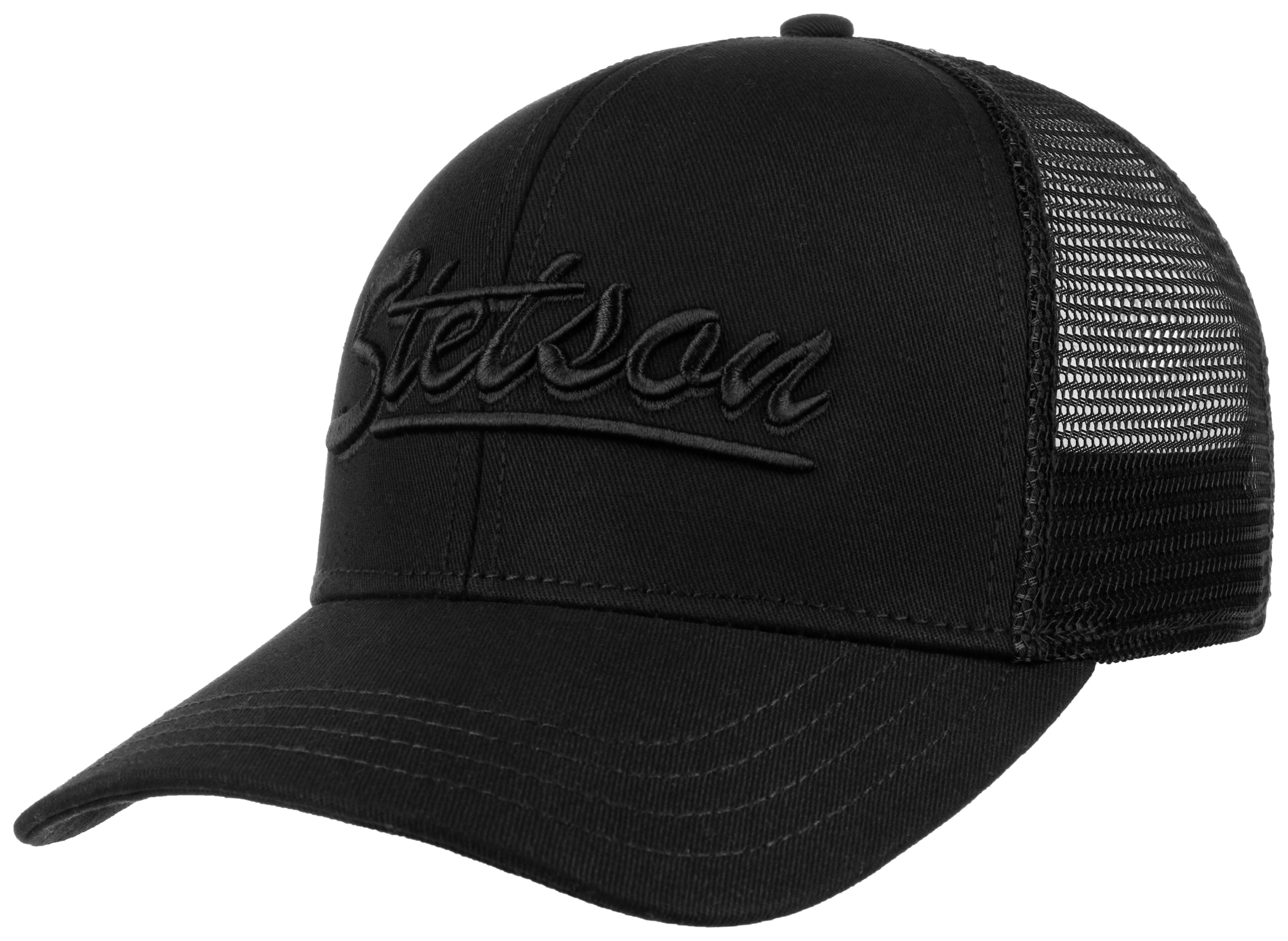 Sort Stetson baseball trucker cap med monokrom design, justérbar snapback, afslappet stil, foran med Stetson-logo.