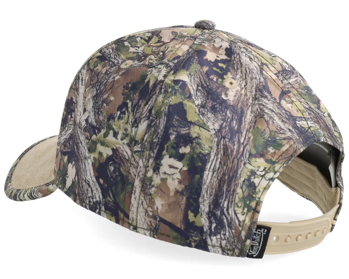 Von Dutch A-Frame kasket med beige camo og oval patch, realistisk KAMO-udseende, casual hovedbeklædning