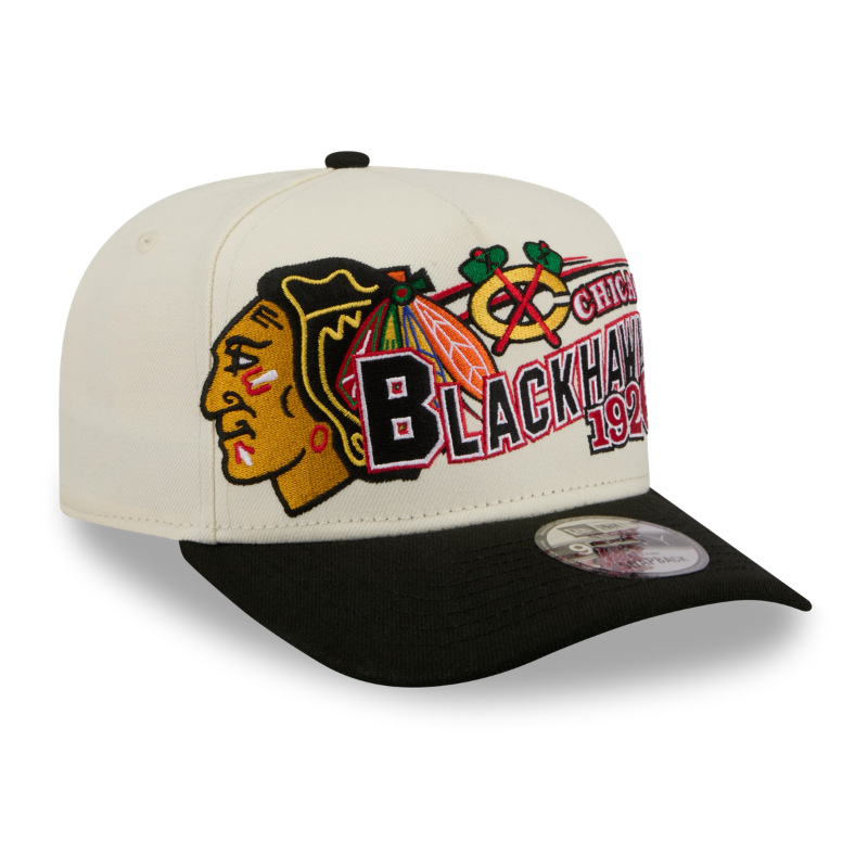 New Era 9FIFTY A-Frame snapback cap med Chicago Blackhawks logo i chrome og sort, sporty og stilfuld hovedbeklædning