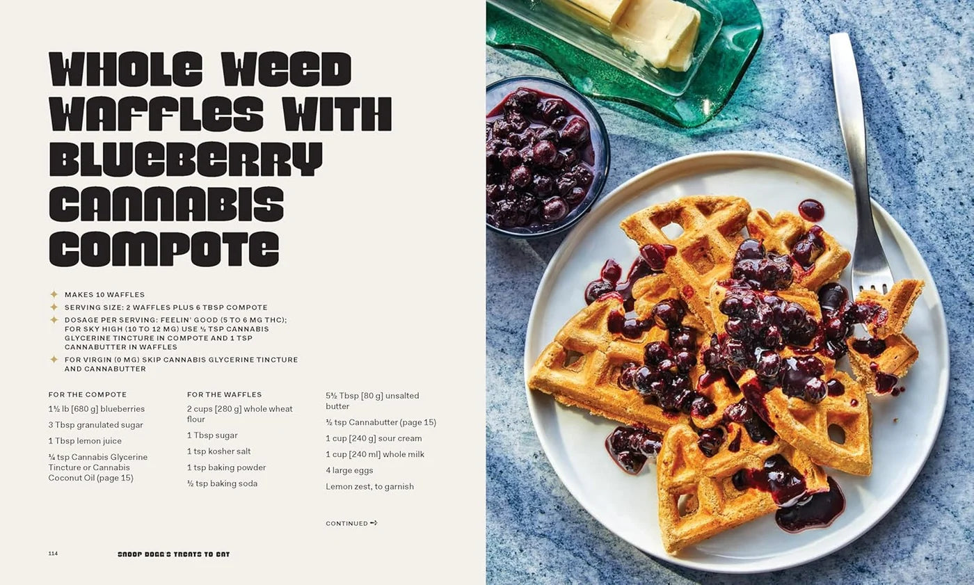 Bøger & Magasiner med titlen Snoop Dogg’s Treats to Eat, åben bog med farverige illustrationer og tekstside