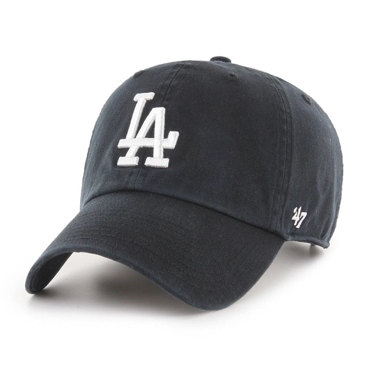 Sort '47 Los Angeles Dodgers MLB Cap, justerbar med logo, blødt stof og sportstil, vist foran på hoved.