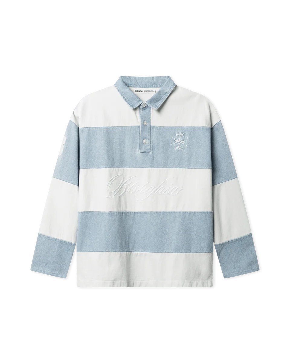 BLS denim polo i vaskeblåt, afslappet crewneck med klassisk pasform, perfekt til casual stil.