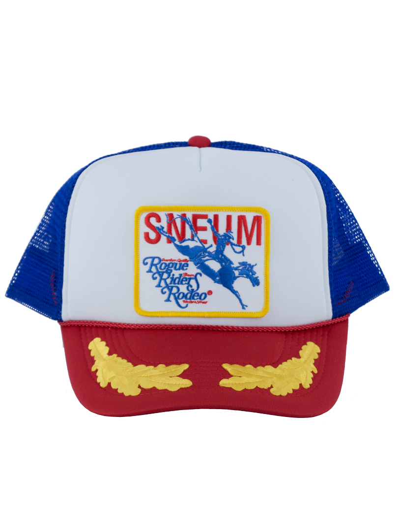 SNEUM RRR Logo Trucker Cap W. Gold Leaves In Royal Blue Red And White - Headz Up 