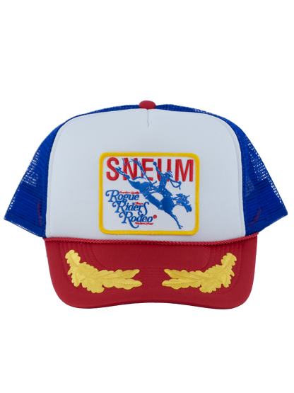 SNEUM RRR Logo Trucker Cap W. Gold Leaves In Royal Blue Red And White - Headz Up 