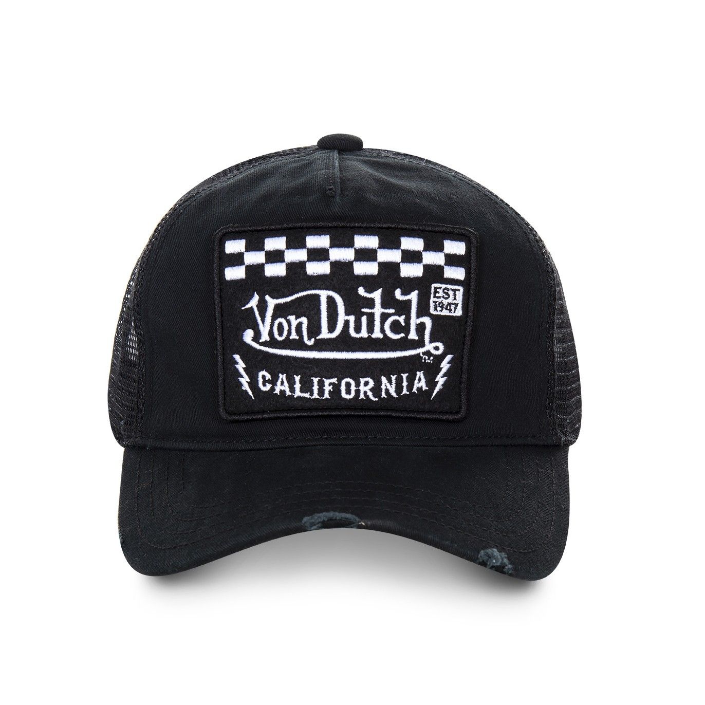 Sort Von Dutch trucker cap med firkantet patch og damierdesign, afslappet og stilfuldt hovedbeklædning for mænd.