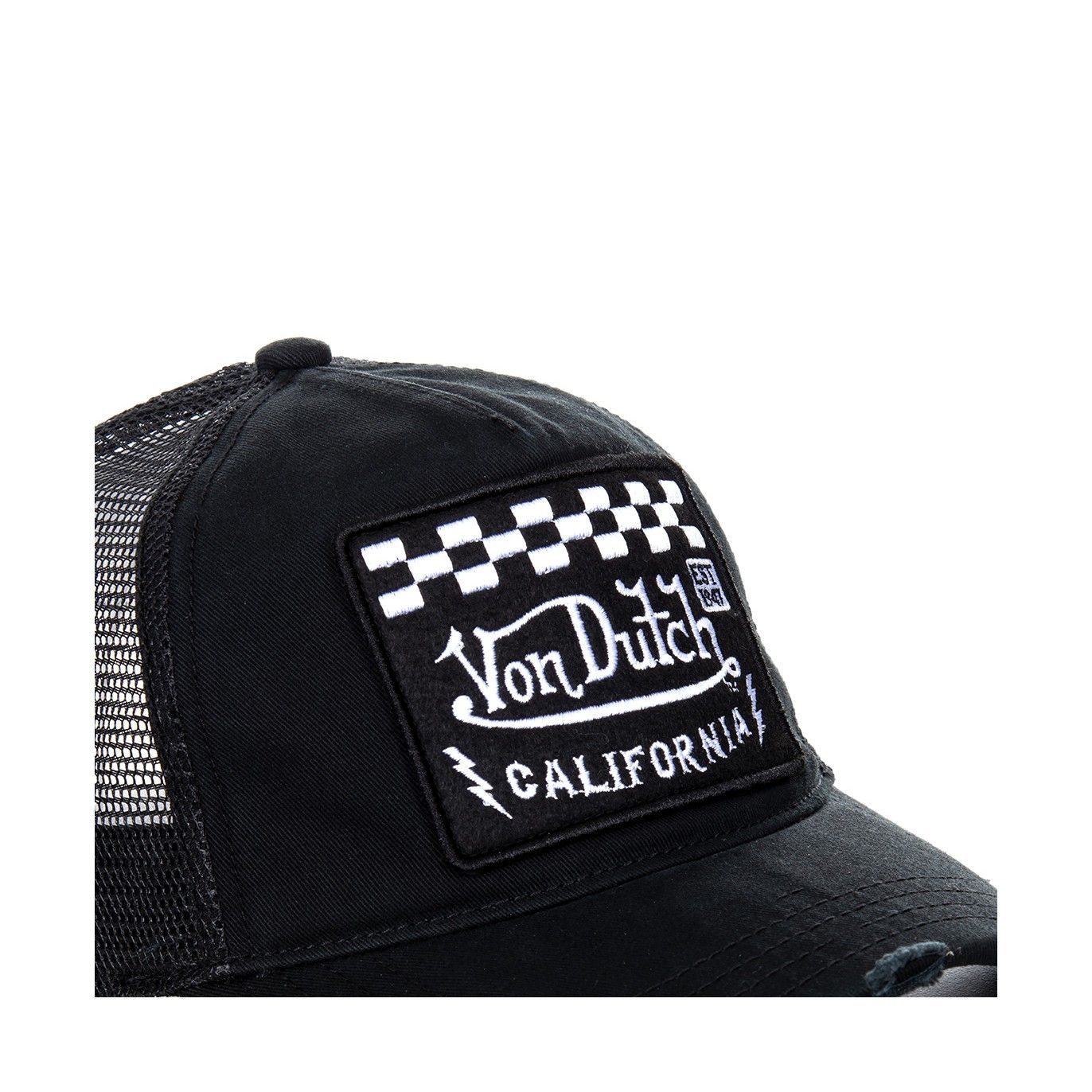 Sort Von Dutch trucker cap med firkantet patch og logo, justerbar snapback, komfortabel og stilfuld til casual brug