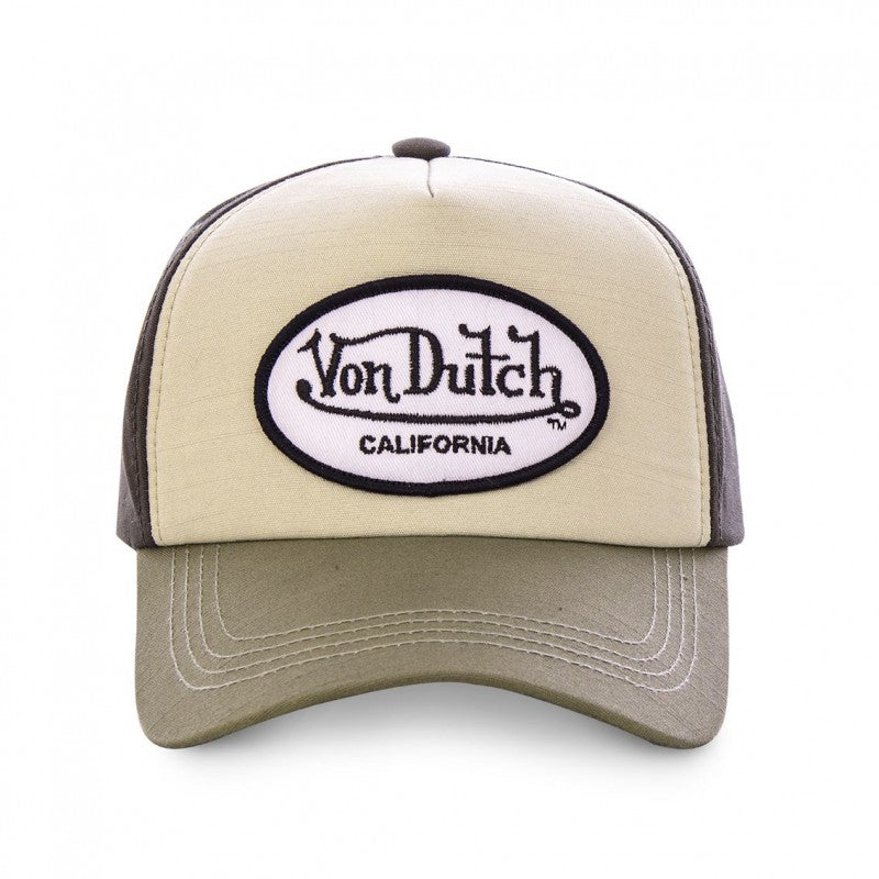 Von Dutch A-Frame kasket med oval patch i beige og oliv hvid, baseballstil med logo og justerbar rem