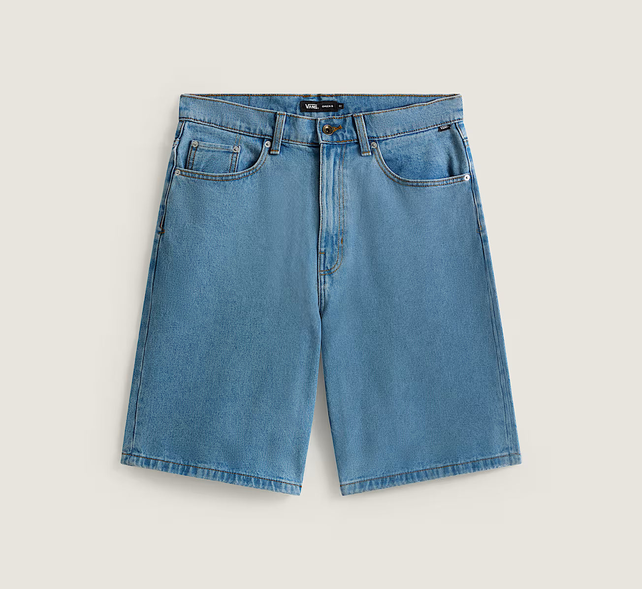 VANS checket denimshorts i blå stone wash med løs pasform og lommer, perfekt til afslappet stil.