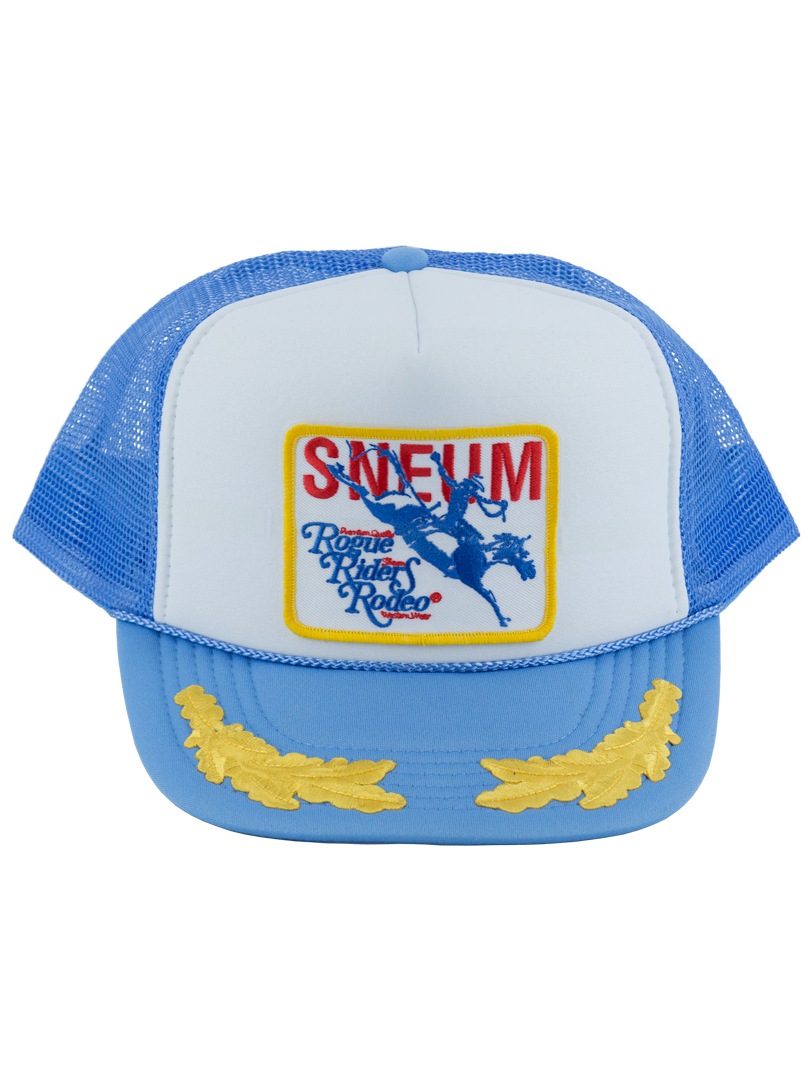 SNEUM RRR Logo Trucker Cap W. Gold Leaves In Columbia Blue And White - Headz Up 