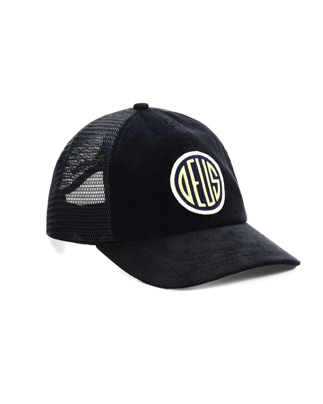 DEUS Pill Cord Trucker-cap i sort med neonfarvet broderi foran