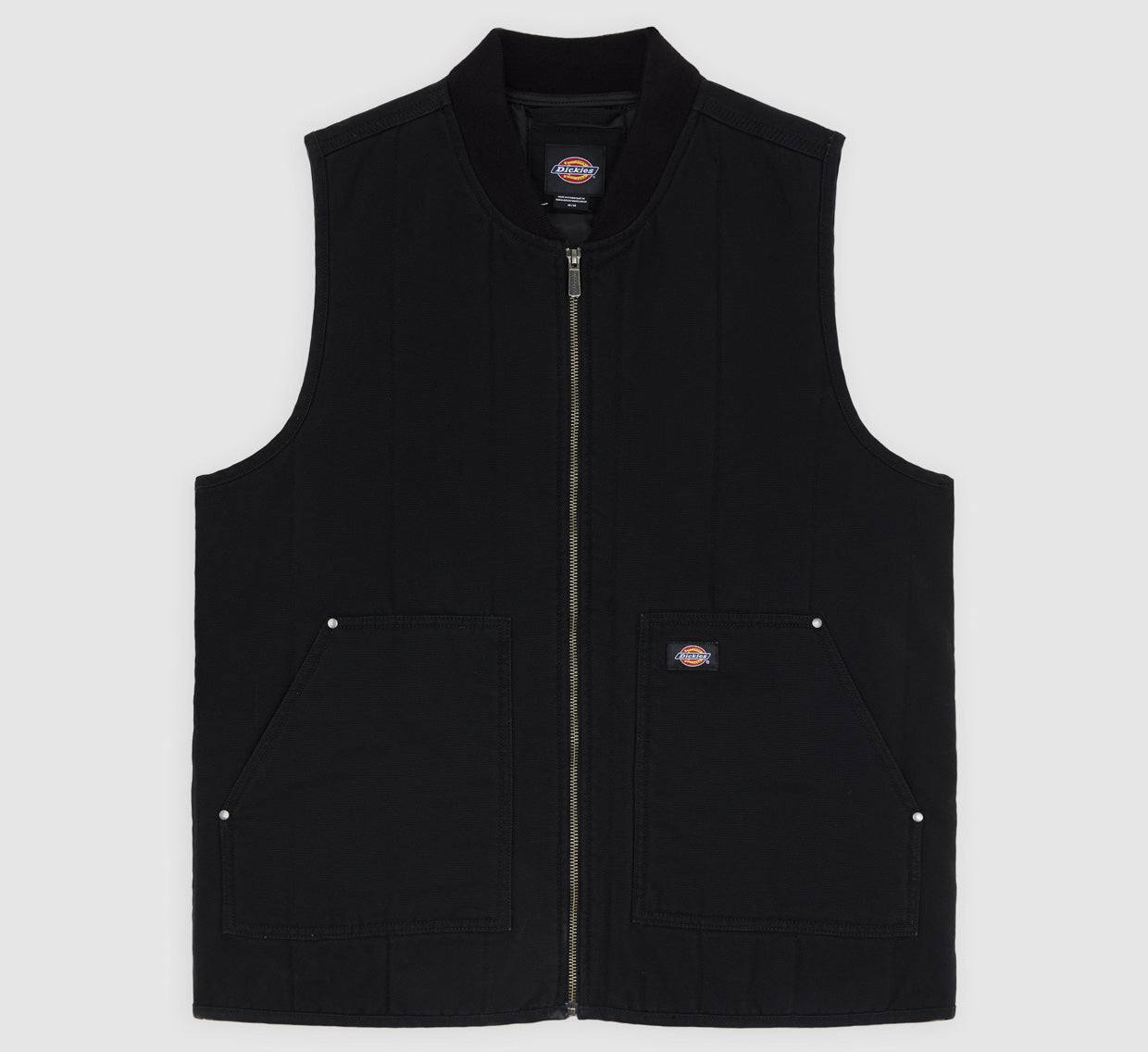 Sort quiltet canvas vest fra Dickies vist med lynlås foran og stiklommer.