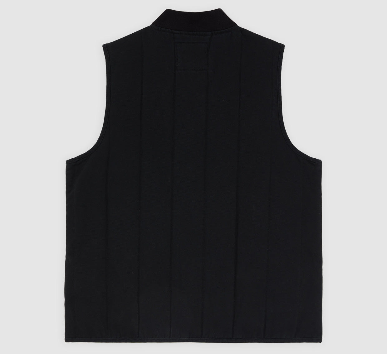 Sort quiltet canvas vest fra Dickies med jakke-look, viste foran og justerbare snore ved bunden.