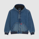 Dickies Hilham foret jacket med for, blåvasket denim, lynlås og hætte, stilfuld og varm bomberjakke.