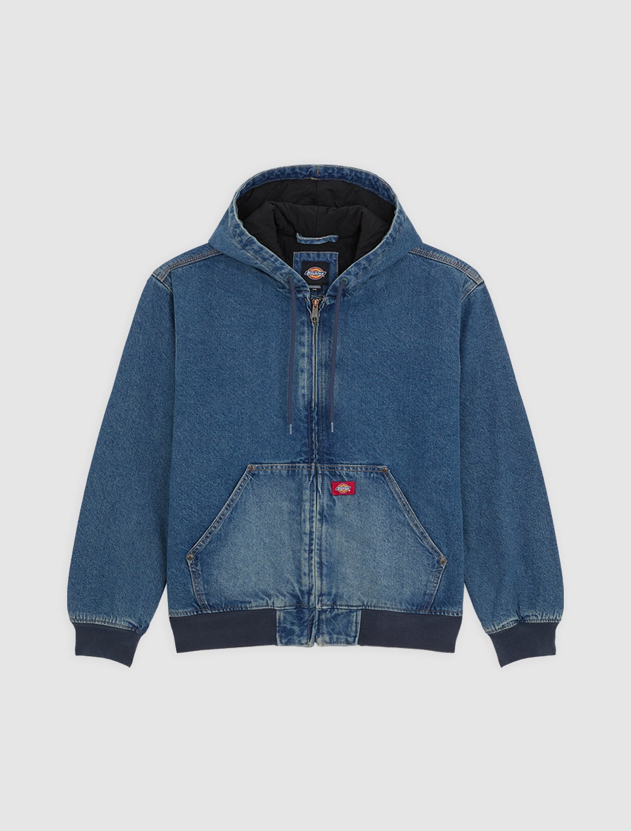 Dickies Hilham foret jacket med for, blåvasket denim, lynlås og hætte, stilfuld og varm bomberjakke.