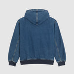 Dickies Hilham foret bomberjakke i denim med for, blåvasket finish og hætte, afslappet stil, foran vises lynlås og lommer