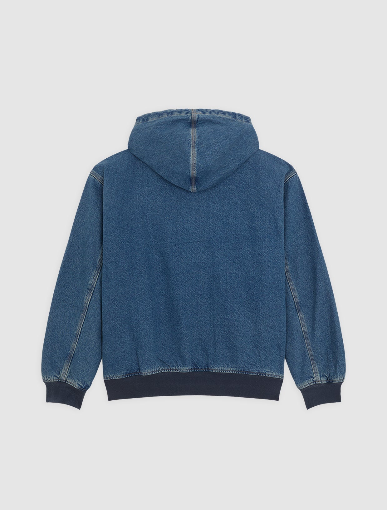 Dickies Hilham foret bomberjakke i denim med for, blåvasket finish og hætte, afslappet stil, foran vises lynlås og lommer