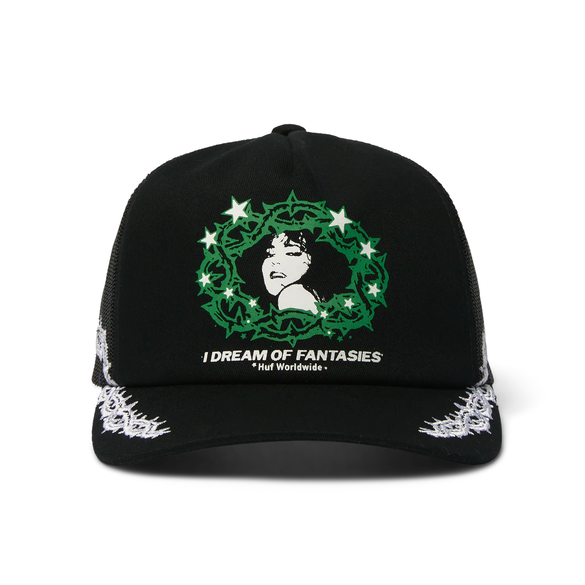 Sort HUF fantasier trucker cap med mesh bagudstræk og logo foran, afslappet og stilfuld hovedbeklædning
