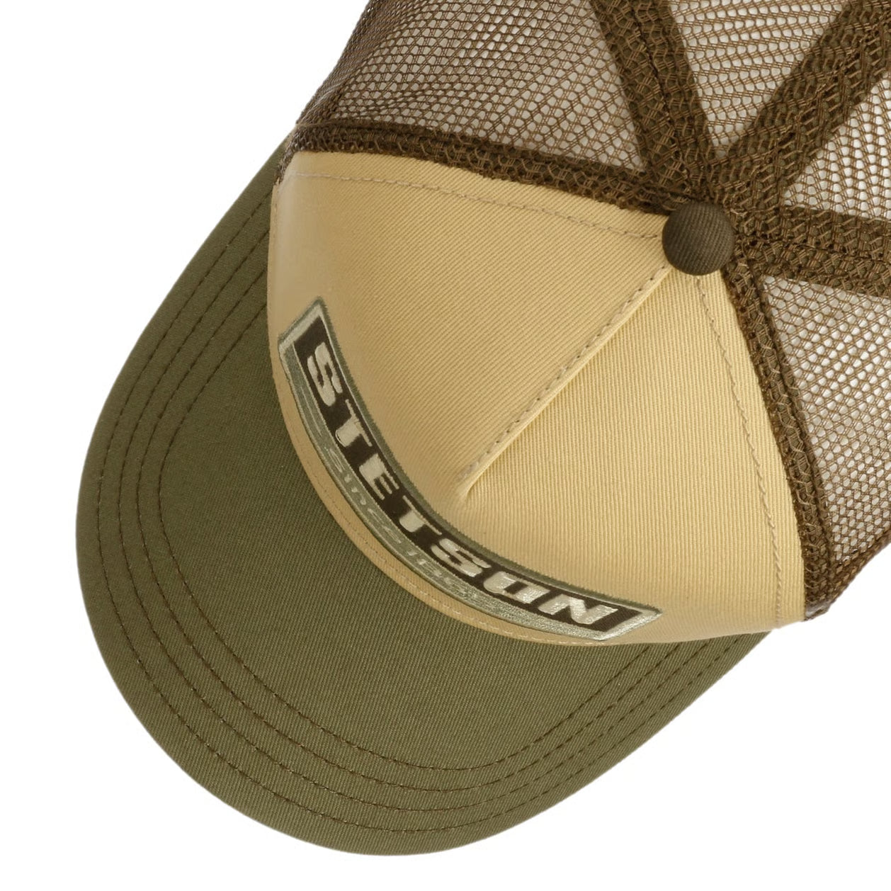 Stetson truckerkasket i olivfarvet bomuldsstof med netryg og justerbart spænde, klassisk trucker cap design.