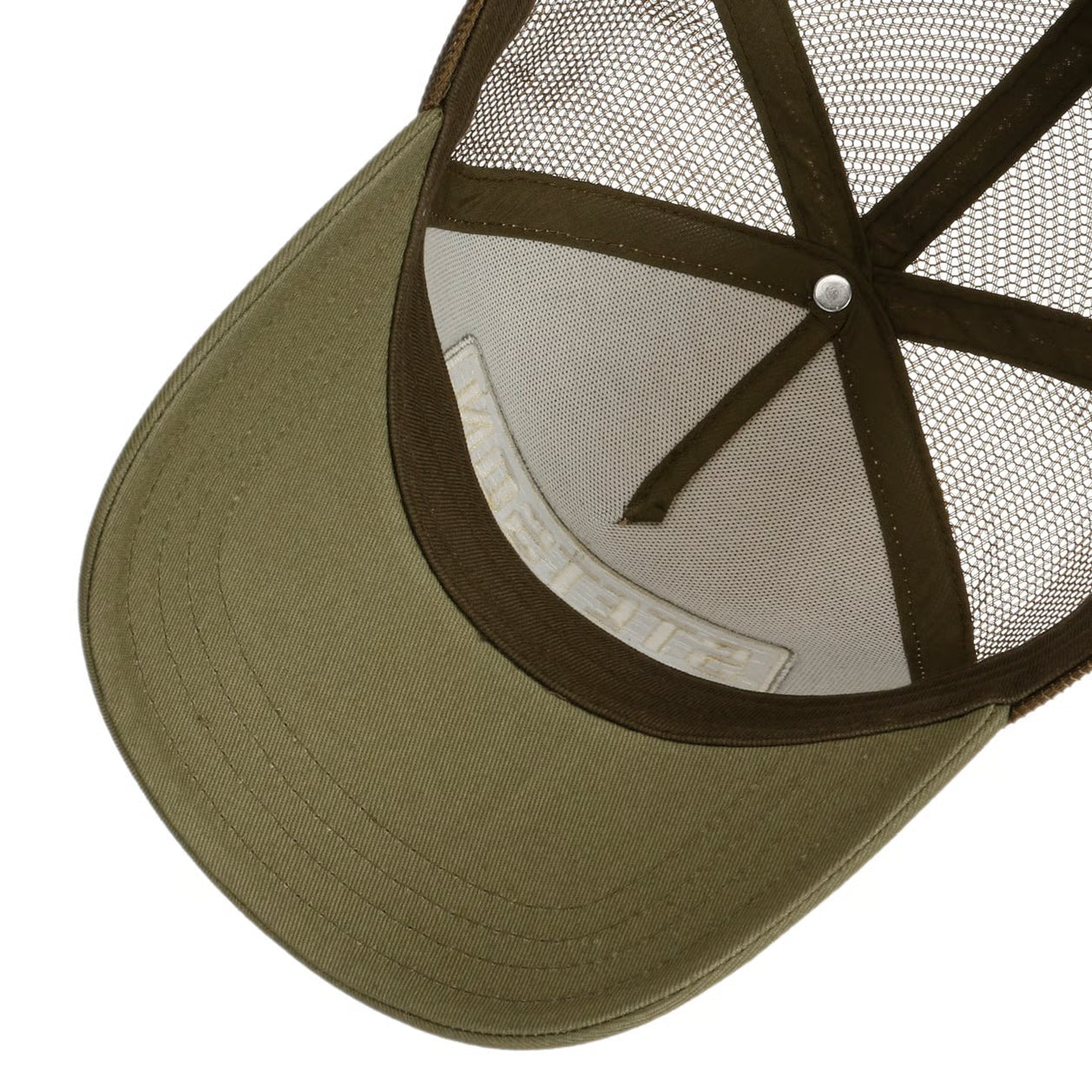 Stetson olivgrøn truckerkasket lavet af gasolinestof med justerbart bånd, klassisk og holdbart design til udendørs brug