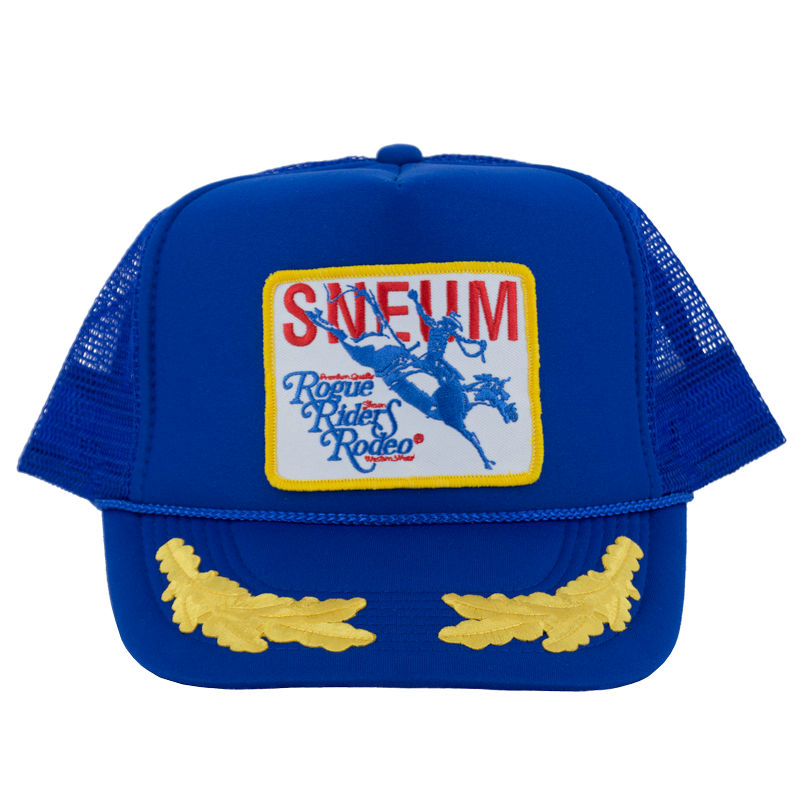 SNEUM RRR Logo Trucker Cap W. Gold Leaves In Royal Blue - Headz Up 
