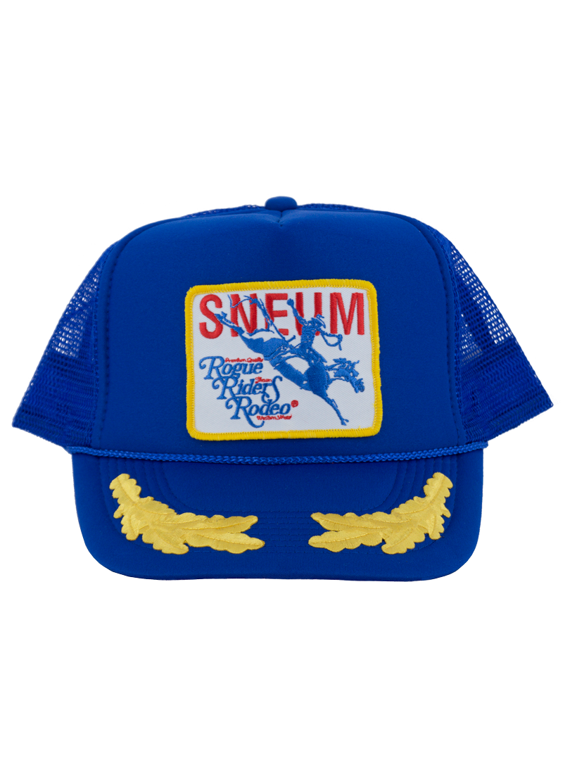 SNEUM RRR Logo Trucker Cap W. Gold Leaves In Royal Blue - Headz Up 