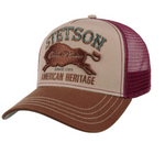 Stetson Great Plains Trucker Cap i khaki, brun og rød med netryg og justerbar spænde, afslappet cap til udendørs brug.