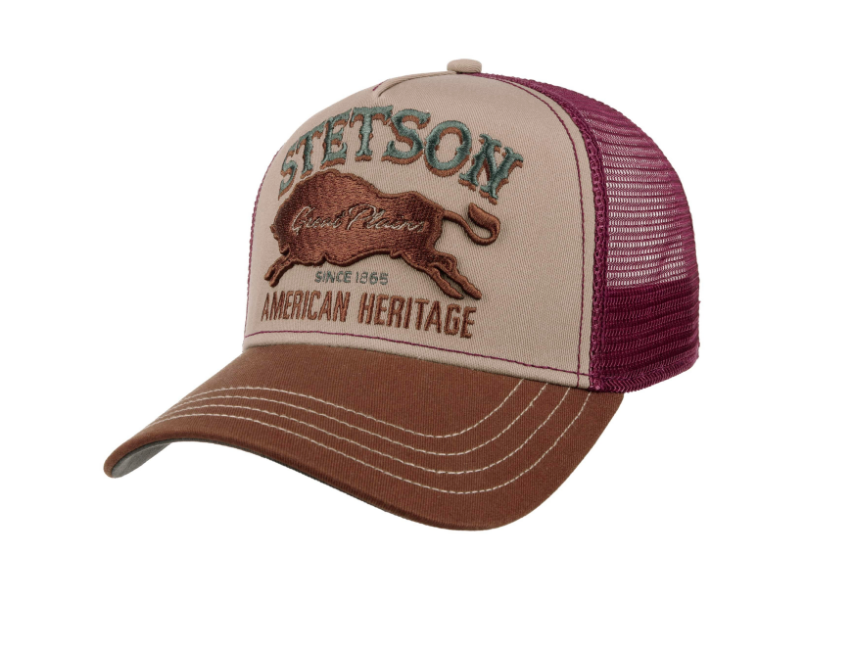 Stetson Great Plains Trucker Cap i khaki, brun og rød med netryg og justerbar spænde, afslappet cap til udendørs brug.