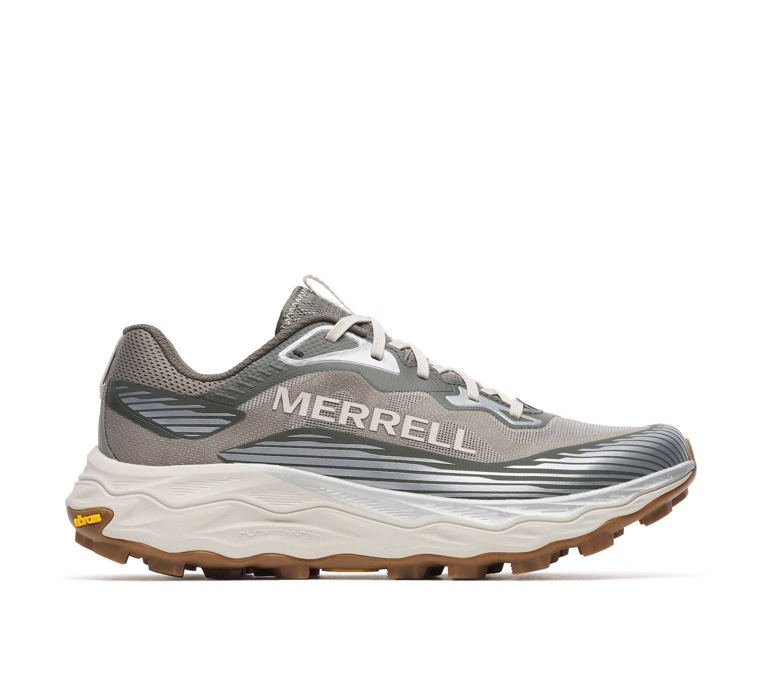 Mænds Merrel Agility Peak 6 Talus løbesko med grå og blå design, synlige mesh- og gummiforbindelser, side- og såle detaljer