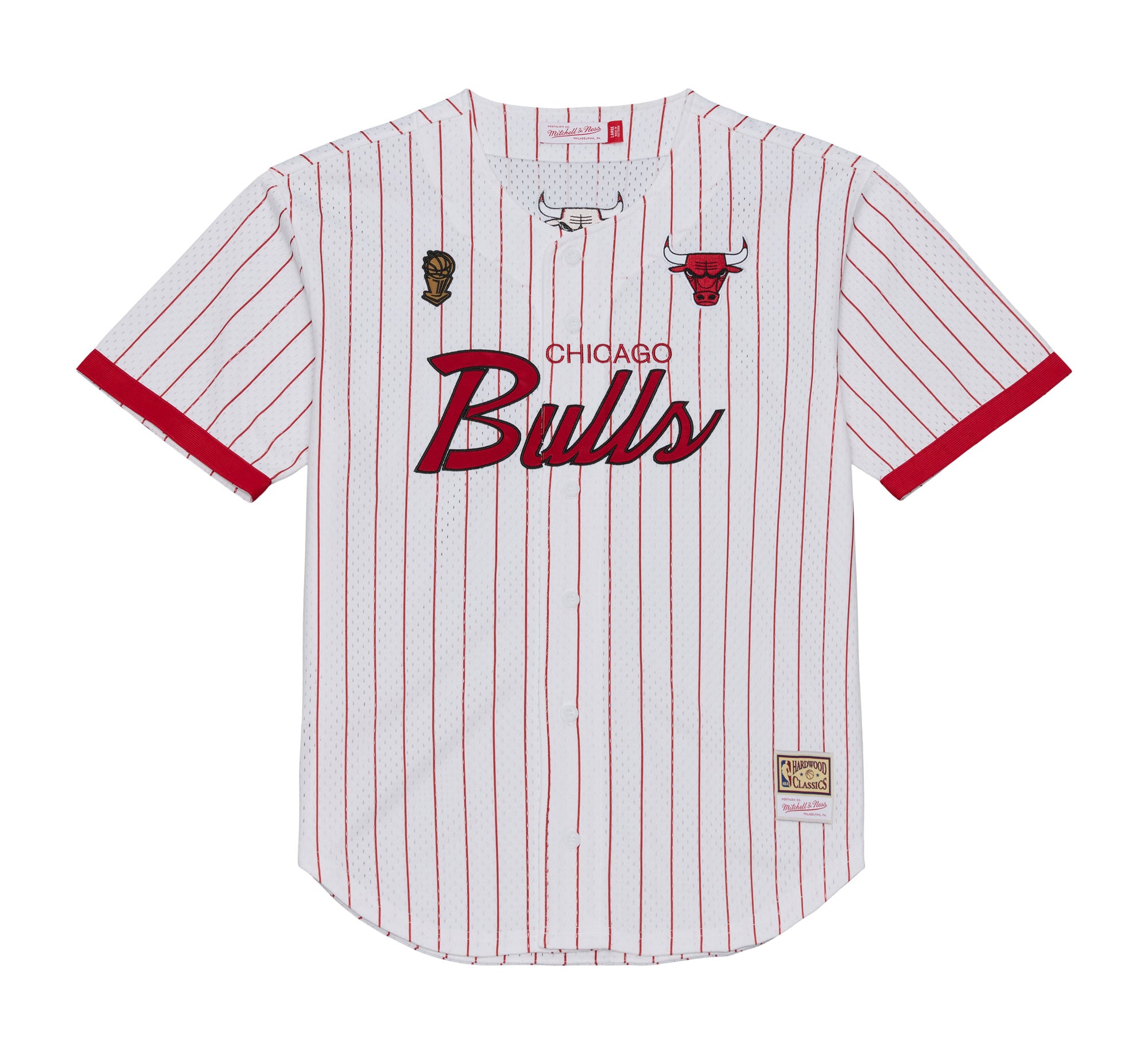 Mitchell & Ness Chicago Bulls Hovedtræner stribet mesh T-shirt med knapfront i hvid farve