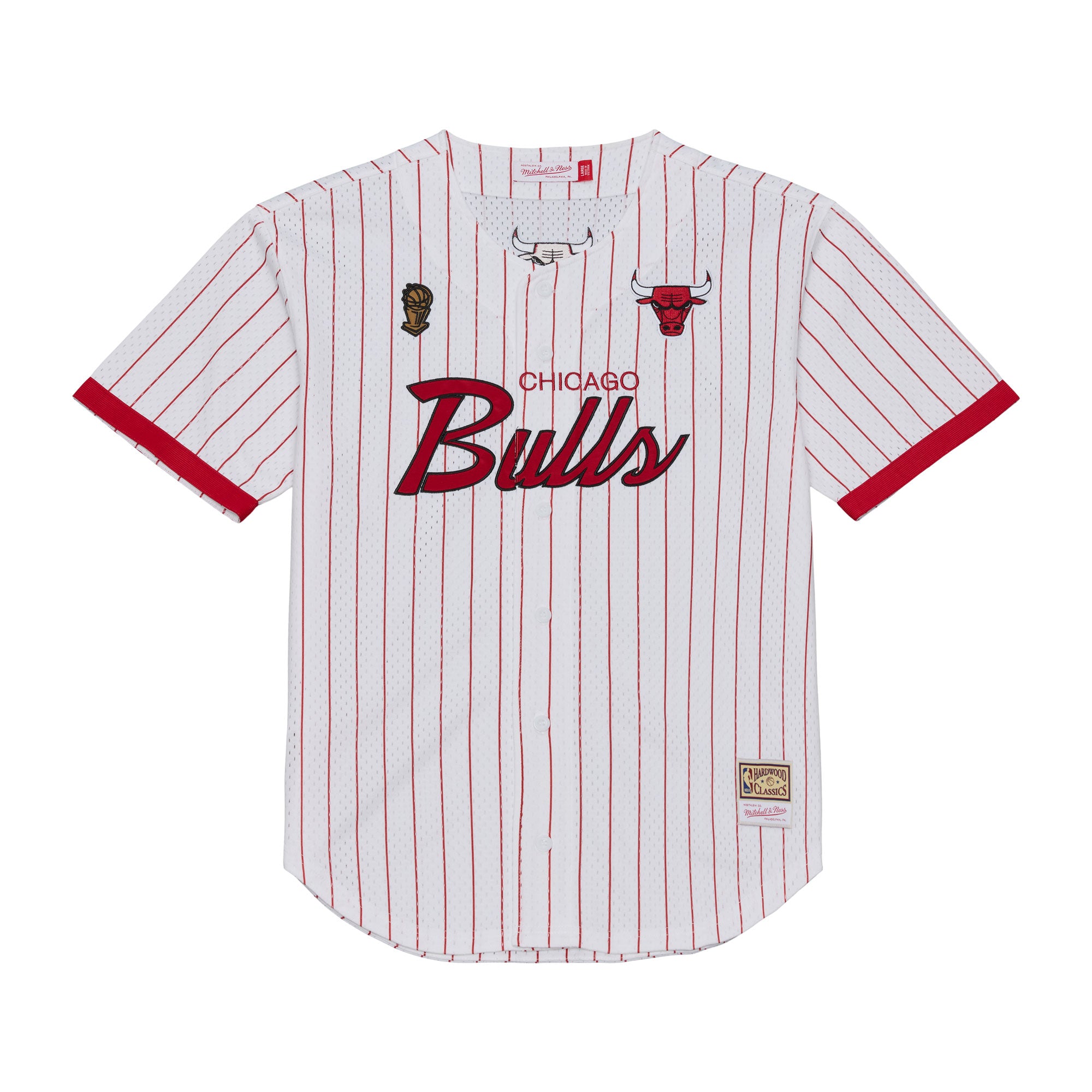 Mitchell & Ness Chicago Bulls Hovedtræner stribet mesh T-shirt med knapfront i hvid farve