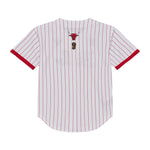 Mitchell & Ness Chicago Bulls hvide stribet mesh T-shirt med knap front og "Head Coach" print.